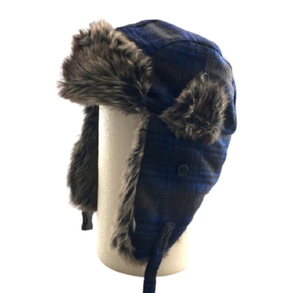 APT.9   Faux Fur plaid trapper Hat,  Black, blue and gray.  Unisex